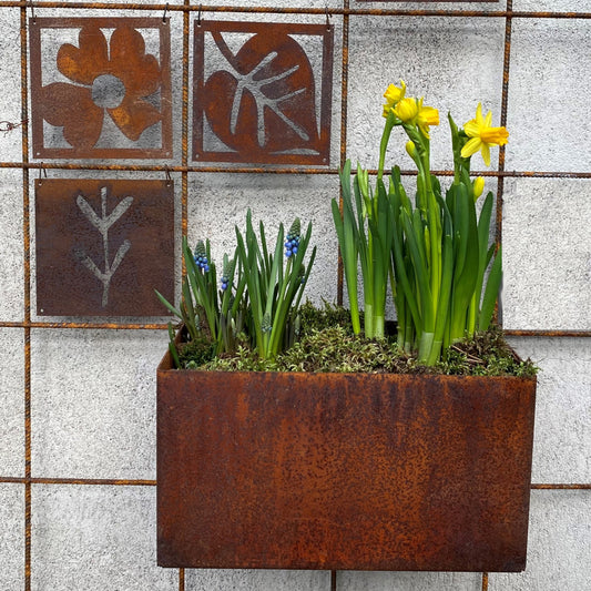 Påskpaket  med odlingslåda rost + 3 st prydnadsplattor, Flora, Strå och Löv